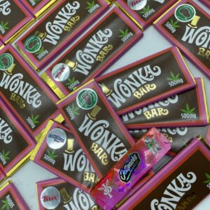 WONKA THC Bars, featuring a chocolate and caramel flavor, infused with high-quality cannabis concentrate for a potent experience.