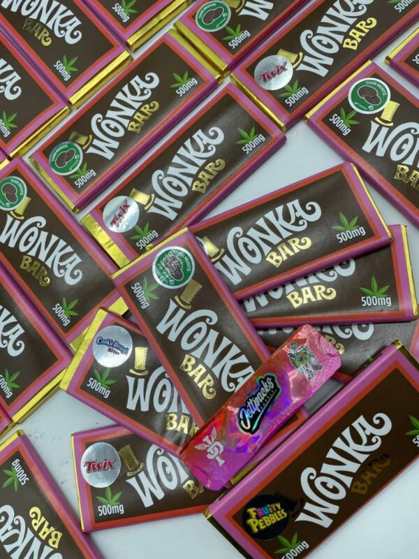 WONKA THC Bars, featuring a chocolate and caramel flavor, infused with high-quality cannabis concentrate for a potent experience.